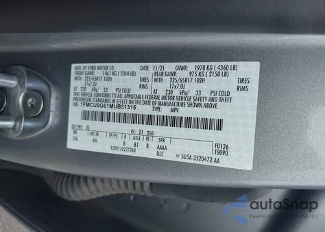 2021 Ford Escape Se из США, поврежденный, VIN 1FMCU0G61MUB31315